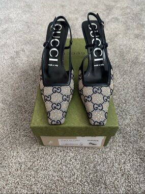 Gucci Beige and Blue GG Canvas and Leather Crystal Embellished Slingback Heels